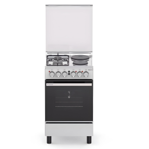 Hisense HF622GEES 60x60cm Dual Fuel Cooker – 2 Gas Burners + 2 Electric Plates, 68L Electric Oven with Grill & Rotisserie, Auto Ignition, FFD Safety, Double Glass Door