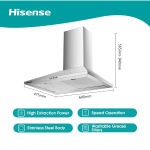 Hisense HHO60TASS 60cm Stainless Steel Hood – 330m³/h Extraction Rate, 3-Speed Push Button Control, LED Lighting, Washable Aluminum Filters, Low Noise Design